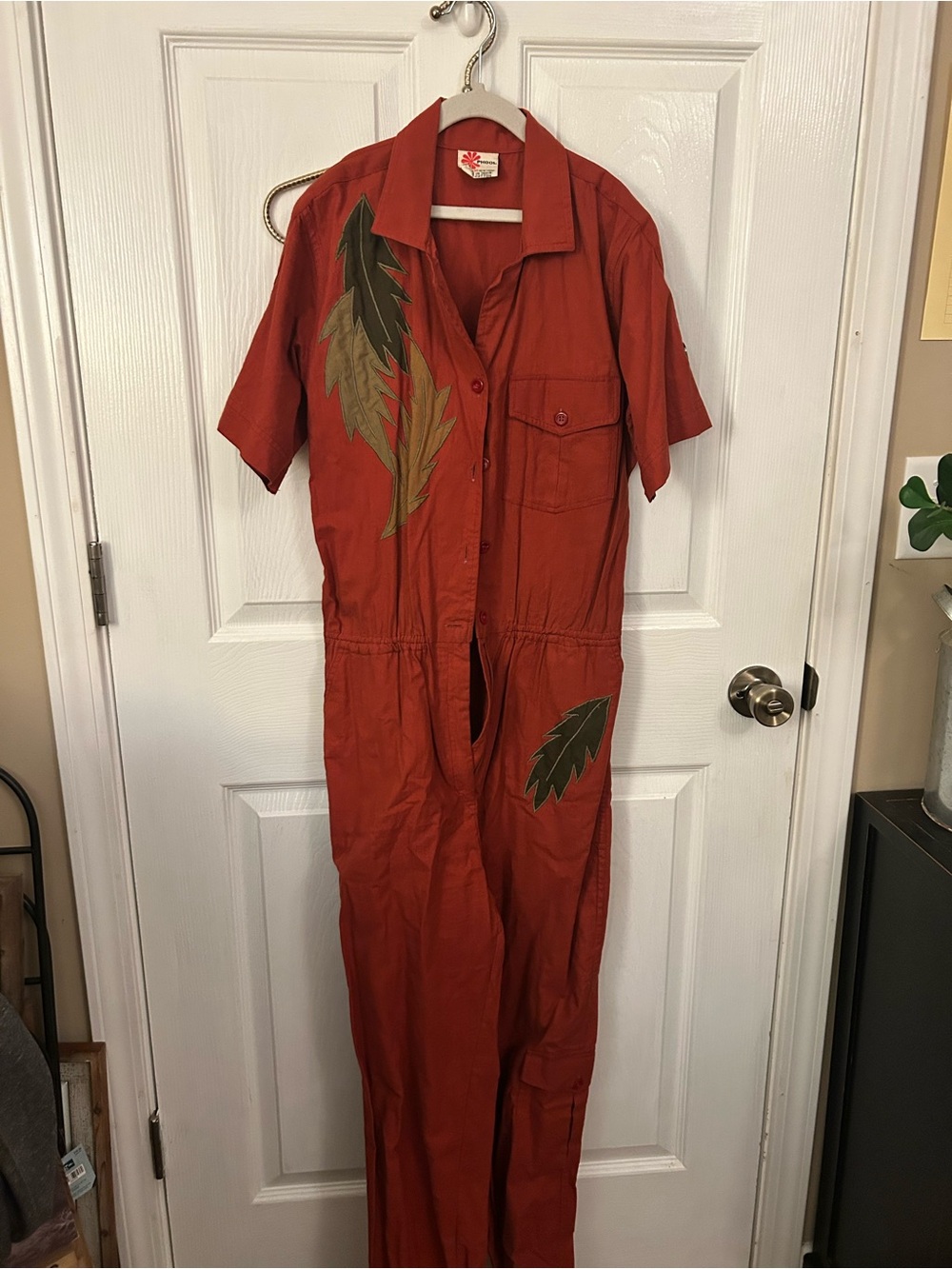 Rust Red Women’s Jumpsuit with Leaf Appliqué